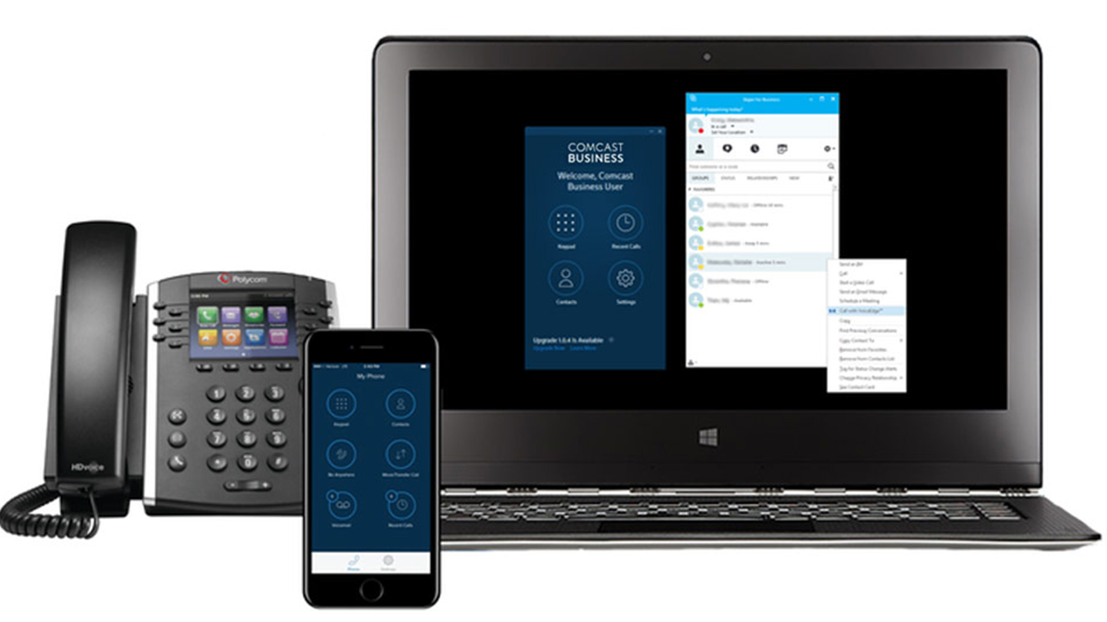 A desk phone, mobile phone, and laptop display the Comcast Business app.