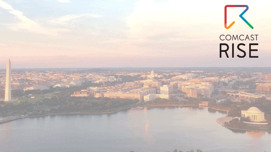 Comcast RISE logo above the DC skyline.