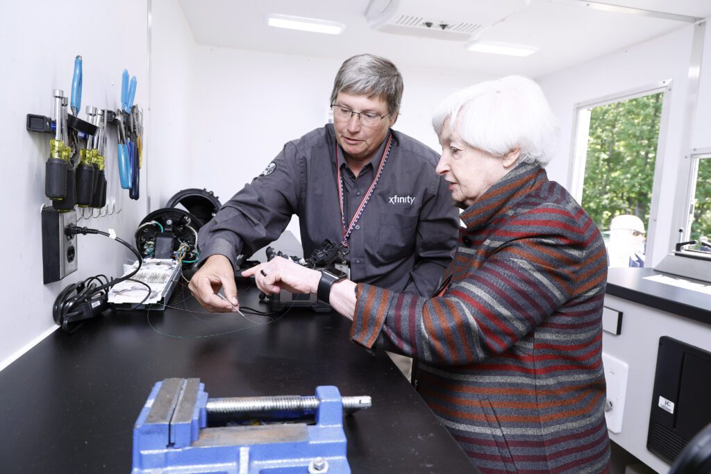 U.S. Treasury Secretary Janet L. Yellen joins Comcast technicians and engineers to learn about the technology and equipment that goes into a rural broadband expansion.